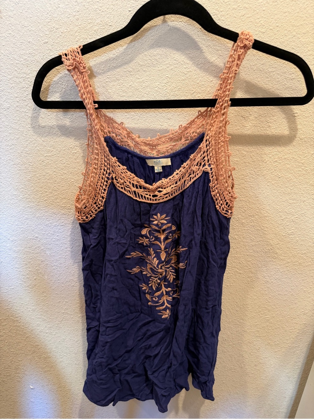 Women’s Blue Tank Top with Tan Crochet Trim -